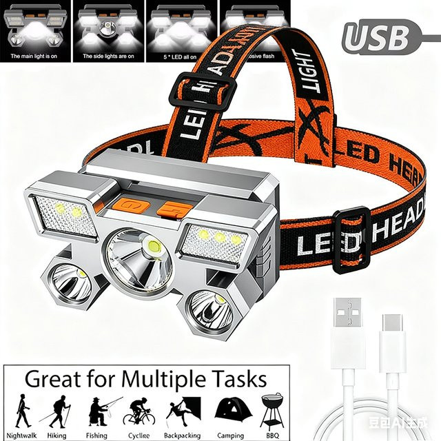 KDULIT Ultrahelle wiederaufladbare LED-Stirnlampe mit 5 LEDs in Schwarz für Outdoor, Camping und Arbeit - Bild 1