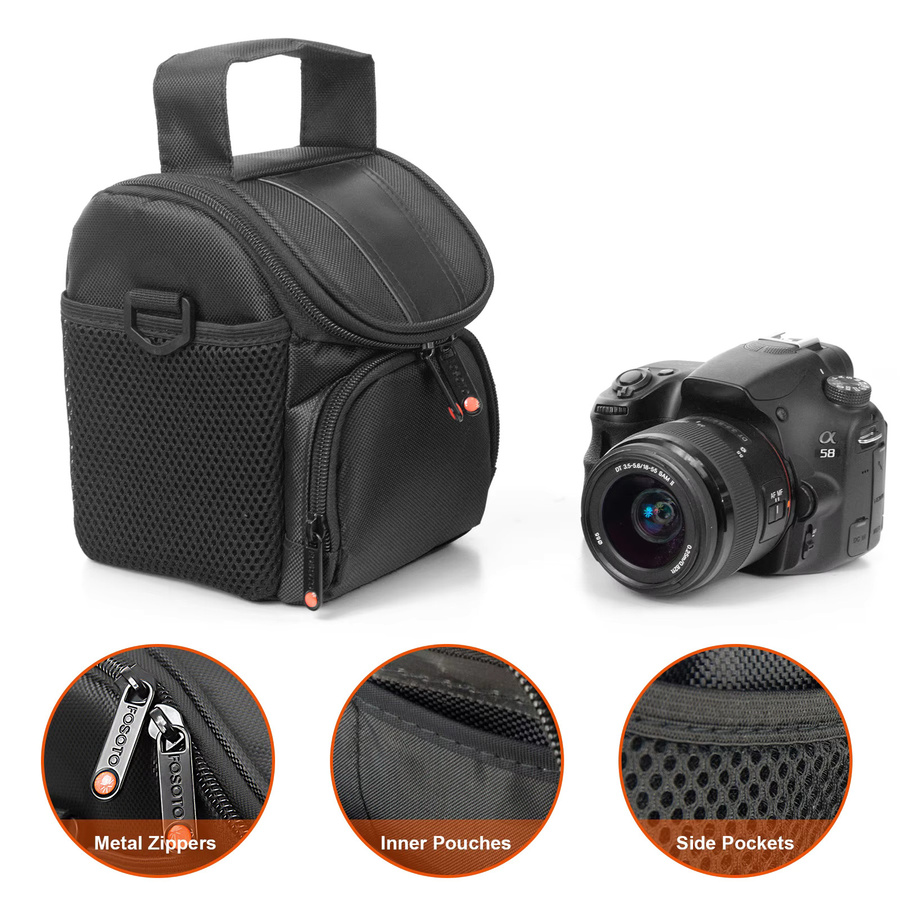 Fosoto Wasserdichter Kamerarucksack in Schwarz mit doppeltem Reißverschluss als digitale Schultertasche für Canon PowerShot, Panasonic und Nikon - Bild 2