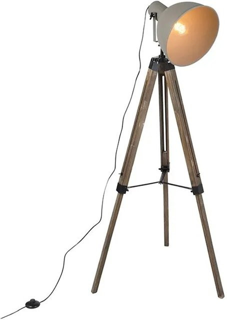 QAZQA Industrielle Stehlampe Laos mit Holzstativ, grauer Kuppelschirm und dimmbarer E27 Fassung - Bild 1