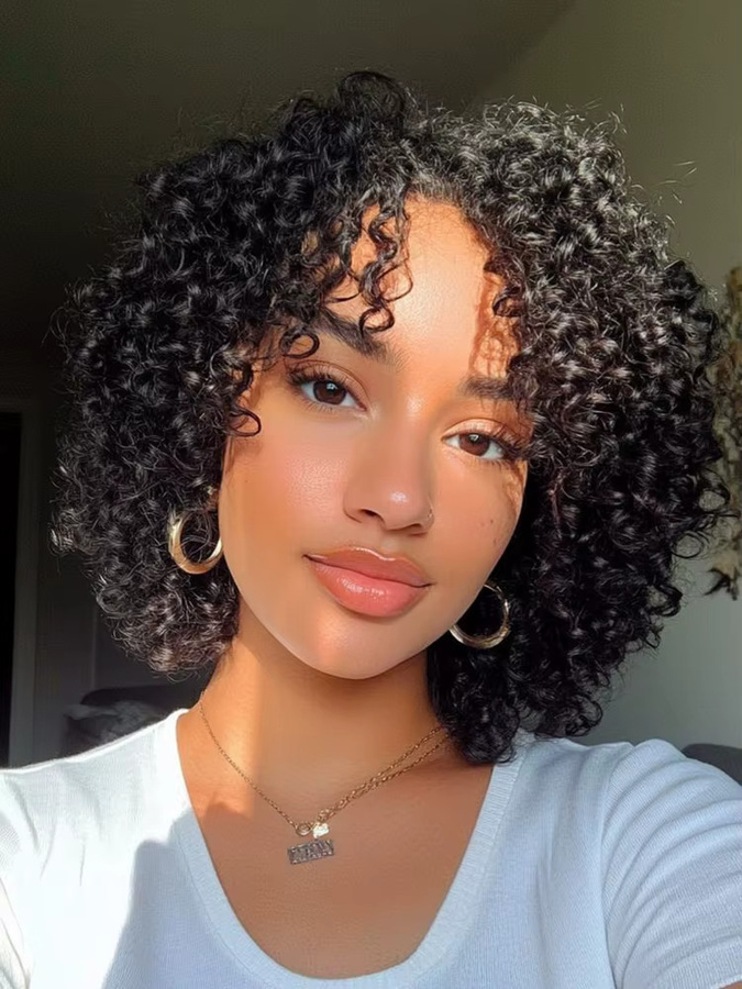 OYM HAIR Jerry Curl Echthaar-Bob-Perücke mit Pony, Schwarz, Damen - Bild 5