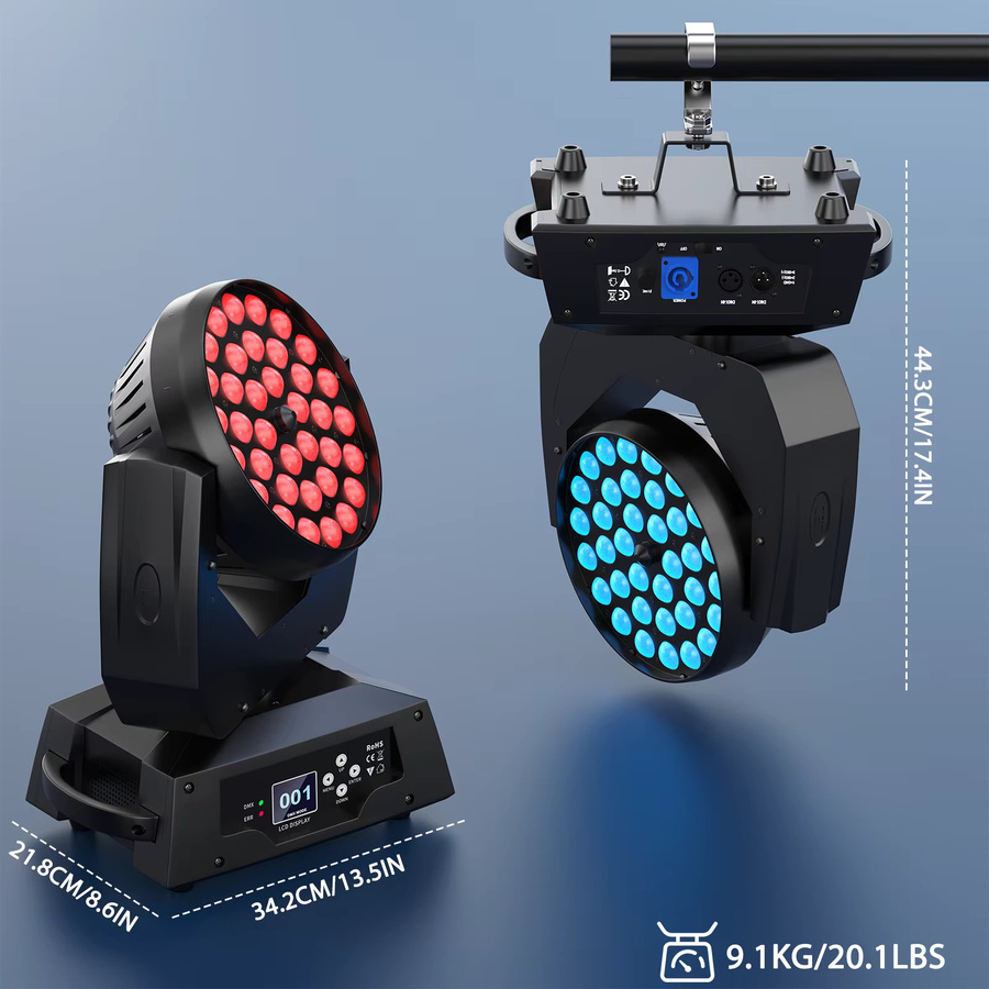 U'King RGBW Moving Head LED Wash Licht mit 36x8W SMD, 230W, DMX512, 16CH, Zoom Effekt, Schwarz - Bild 6