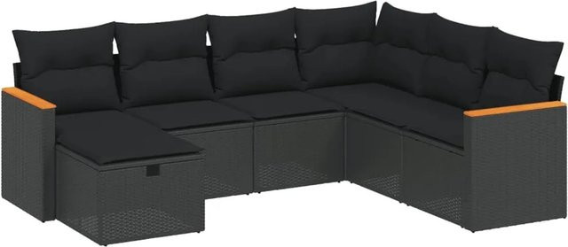 vidaXL 7-tlg. Garten-Sofagarnitur in L-Form aus schwarzem PE-Rattan mit Polsterkissen und pulverbeschichtetem Stahlgestell - Bild 1