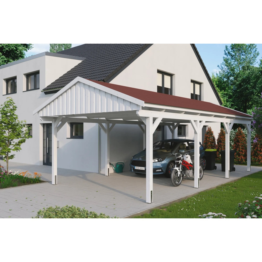 Skan Holz Carport Fichtelberg aus Fichte in Weiß mit roten Dachschindeln, Breite: 423 cm, Tiefe: 808 cm, Höhe: 326 cm - Bild 2
