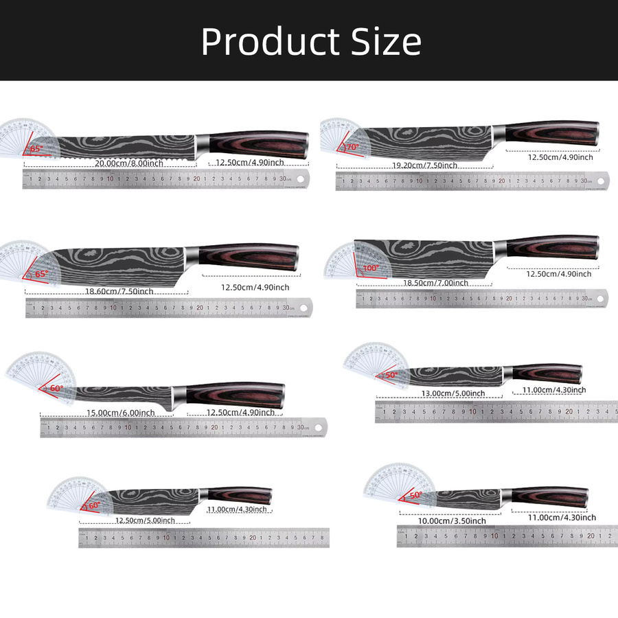 MYVIT Küchenmesser-Set aus 7CR17 Hochkohlenstoff-Edelstahl mit Damast-Effekt in Silber: Gyuto, Hackmesser, Tranchiermesser, Santoku und Kochmesser - Bild 3