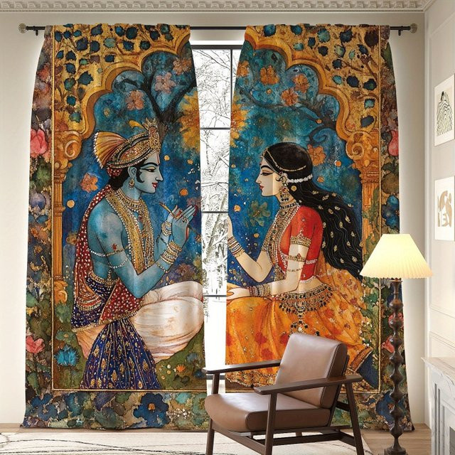 VIKAMA 2-teiliges Set Verdunkelungsvorhänge mit indischer Mythologie in Multicolour für Schlafzimmer und Wohnzimmer - Bild 1