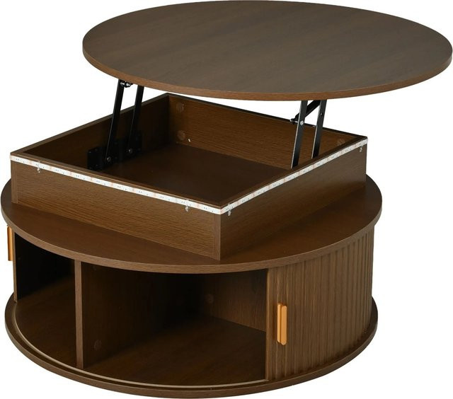 okwish Couchtisch mit LED und Rolltür in Braun, höhenverstellbar und Hochglanz, B/T/H: 75 x 75 x 52 cm - Bild 1