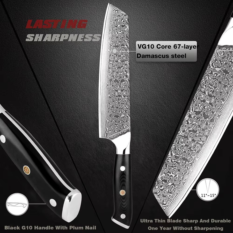 Xituo Kiritsuke Kochmesser aus 67-lagigem Damaststahl mit schwarzem G10-Griff, Länge: 20,32 cm - Bild 3