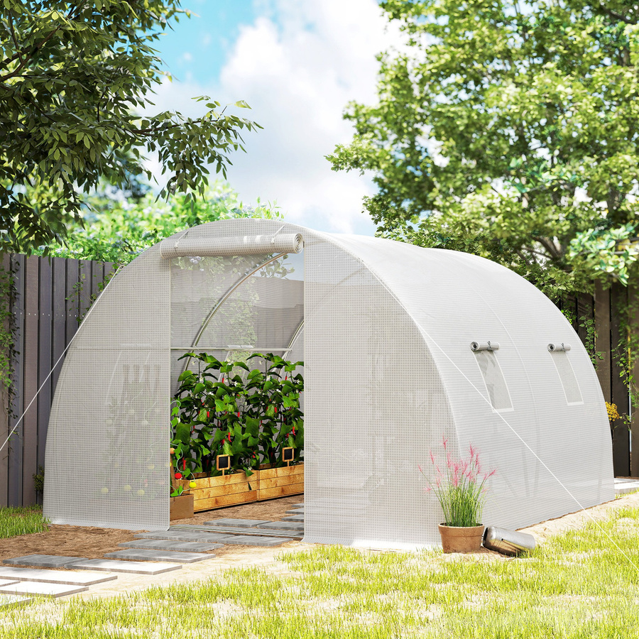 Outsunny Tunnel-Gewächshaus mit 9 m² Anbaufläche, 4 Fenstern und aufrollbarer Reißverschlusstür aus verzinktem Stahl und weißer PE-Hochdichteplane, H x B x T: 2 x 3 x 3 m - Bild 2