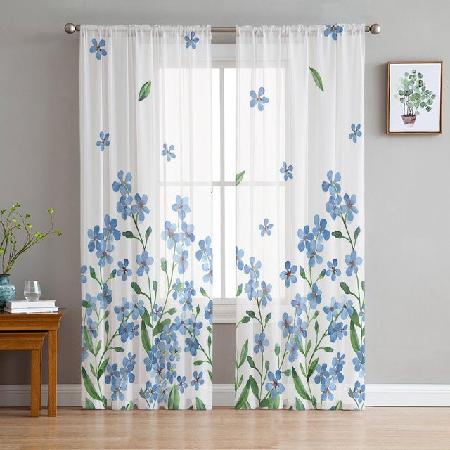 Super Six Tüllvorhang mit blauem Blumenmuster in Weiß, transparentes Voile Organza für Wohnzimmer, Schlafzimmer und Küche, B: 135 cm, H: 213 cm - Bild 1