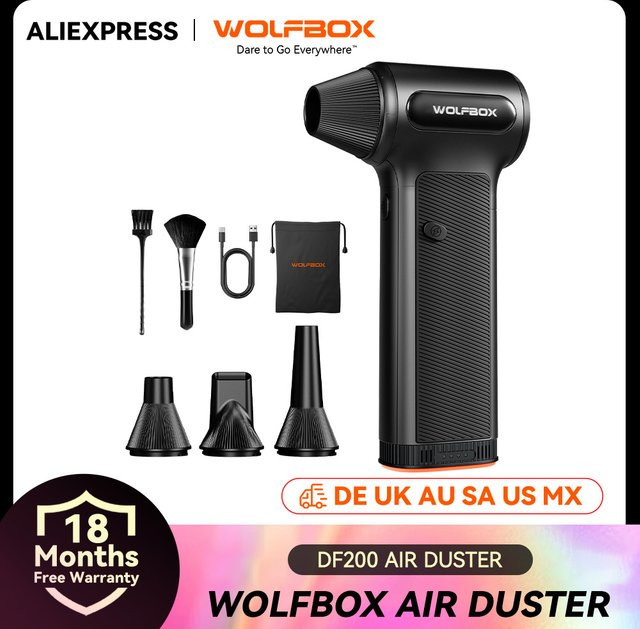 WOLFBOX DF200 Elektrischer Ventilator-Staubsauger Schwarz – Kabelloser Tragbarer Luftbläser mit 3 Stufen für Auto, Zuhause und Outdoor - Bild 1
