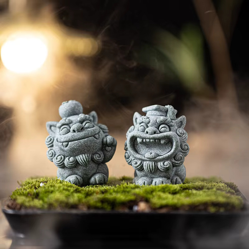 Paar graue Steinlöwen-Figuren als Feng-Shui-Ornament und orientalische Dekoration für dein Aquarium oder dein Zuhause - Bild 2