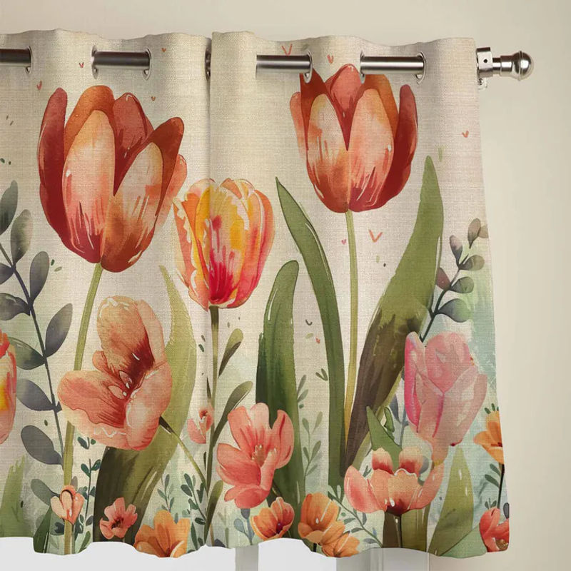 Super Six Vorhang mit Tulpenblumen und Eukalyptusblättern in Grau, halbtransparentes Design für Wohnzimmer und Schlafzimmer, Breite: 135 cm, Höhe: 60 cm - Bild 2