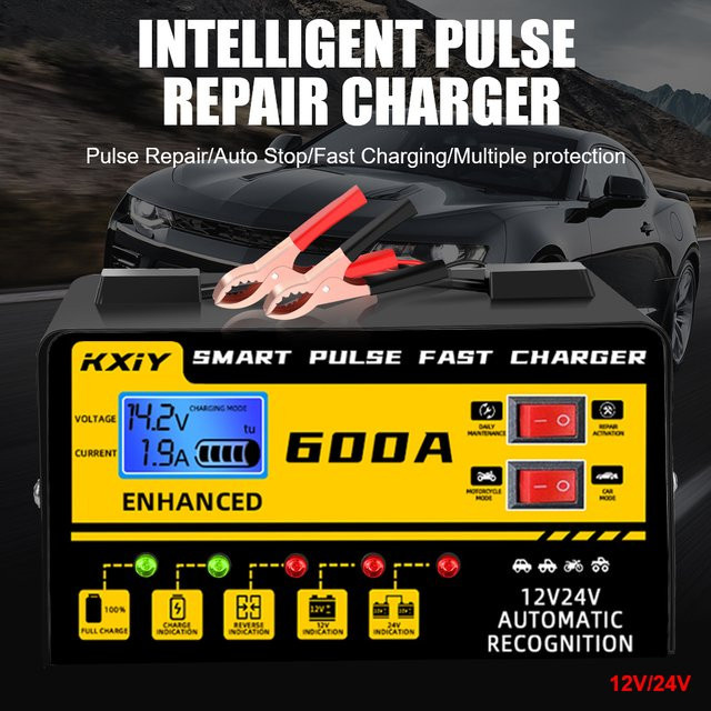 Intelligentes Autobatterie-Ladegerät mit Pulsreparatur und LCD-Display für 12 V und 24 V in Rot und Schwarz - Bild 1