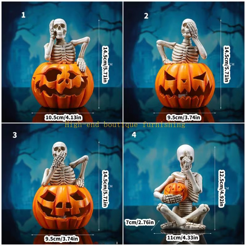 L9NB Halloween Kürbis-Schädel-Lampenfigur in Orange mit warmweißem Licht für drinnen und draußen - Bild 4