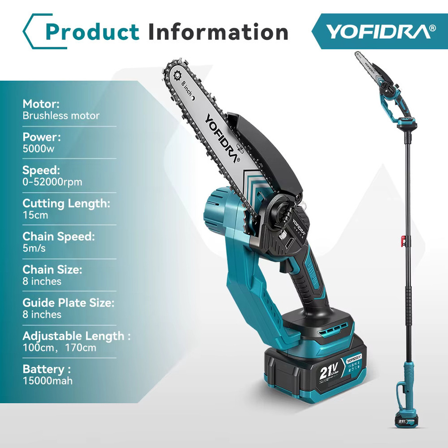 YOFIDRA 2-in-1 Elektrische Kettensäge und Hochastsäge mit 8 Zoll Bürstenlosem Motor für 21V Akku - Bild 3