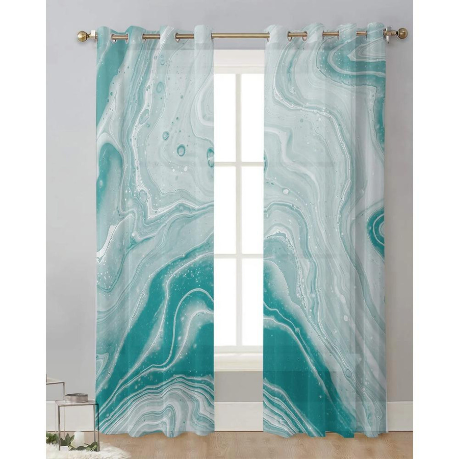Yiran Furniture Transparentes Tüll-Voile-Organza Vorhang mit Marmorstruktur in Türkis, Breite: 135 cm, Höhe: 137 cm - Bild 1