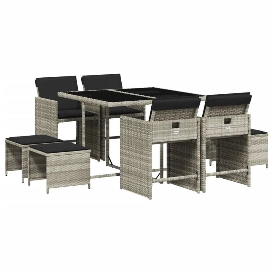 vidaXL 9-teilige Garten-Essgruppe aus Poly-Rattan in Hellgrau mit Kissen und Hartglas-Tischplatte - Bild 2