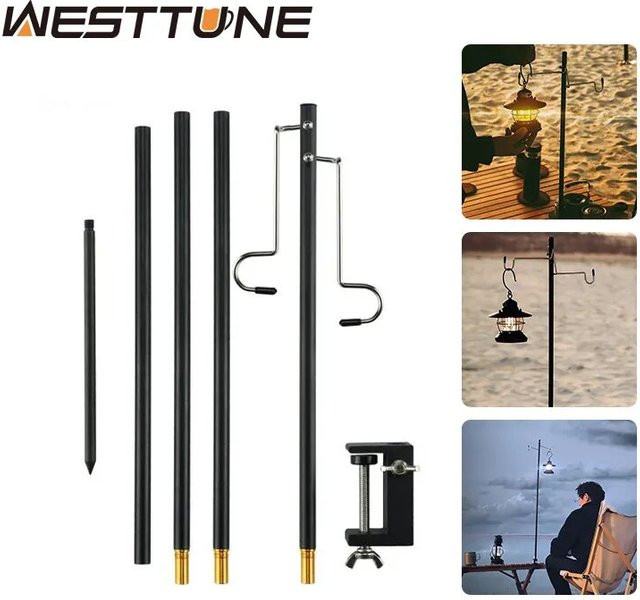 WESTTUNE 4-teiliger Camping-Laternenständer aus Aluminiumlegierung in Schwarz mit abnehmbarem Lampenmast und zusammenklappbarem Lampenaufhänger - Bild 1