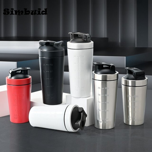 Simbuid Edelstahl Proteinpulver Shaker mit Stahlkugel und Skala, auslaufsicher, 500 ml oder 750 ml, Silber oder Schwarz - Bild 1