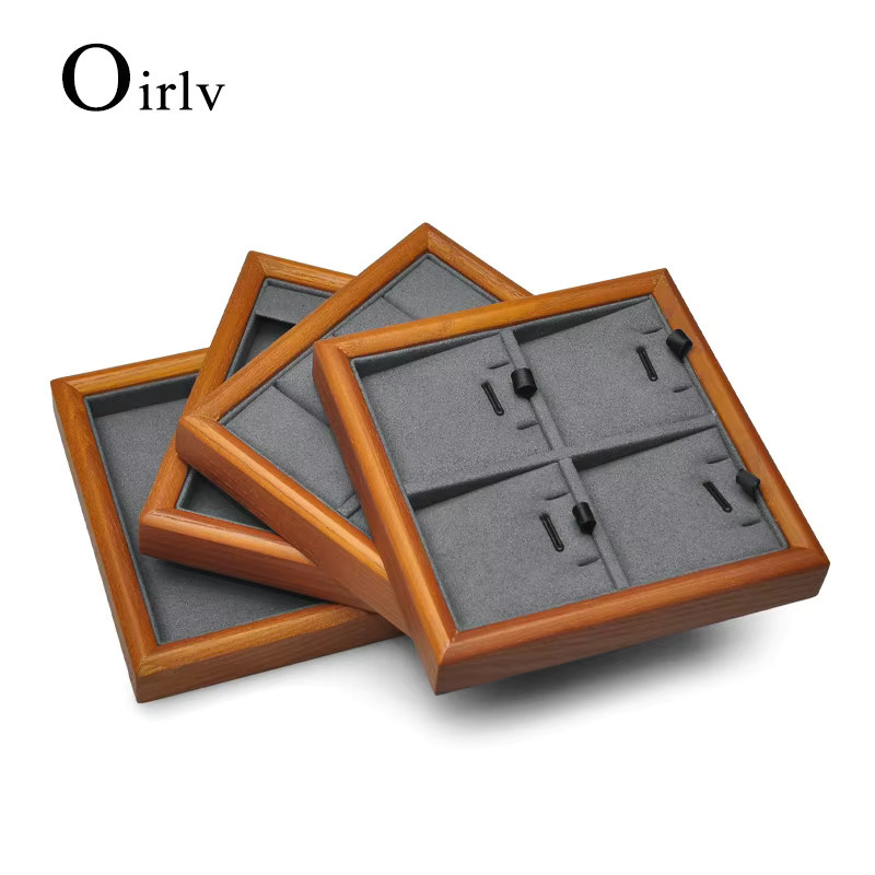 Oirlv Schmuck-Präsentationstablett aus Massivholz mit Schublade für Ringe, Halsketten, Ohrringe und Armbänder in Grau und Braun - Bild 2