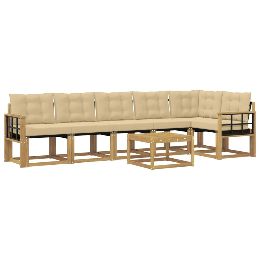 vidaXL Outdoor-Sofagarnitur 7-teilig in L-Form mit Kissen und Couchtisch, Weiß und Beige, aus Akazienholz und Textilene - Bild 2