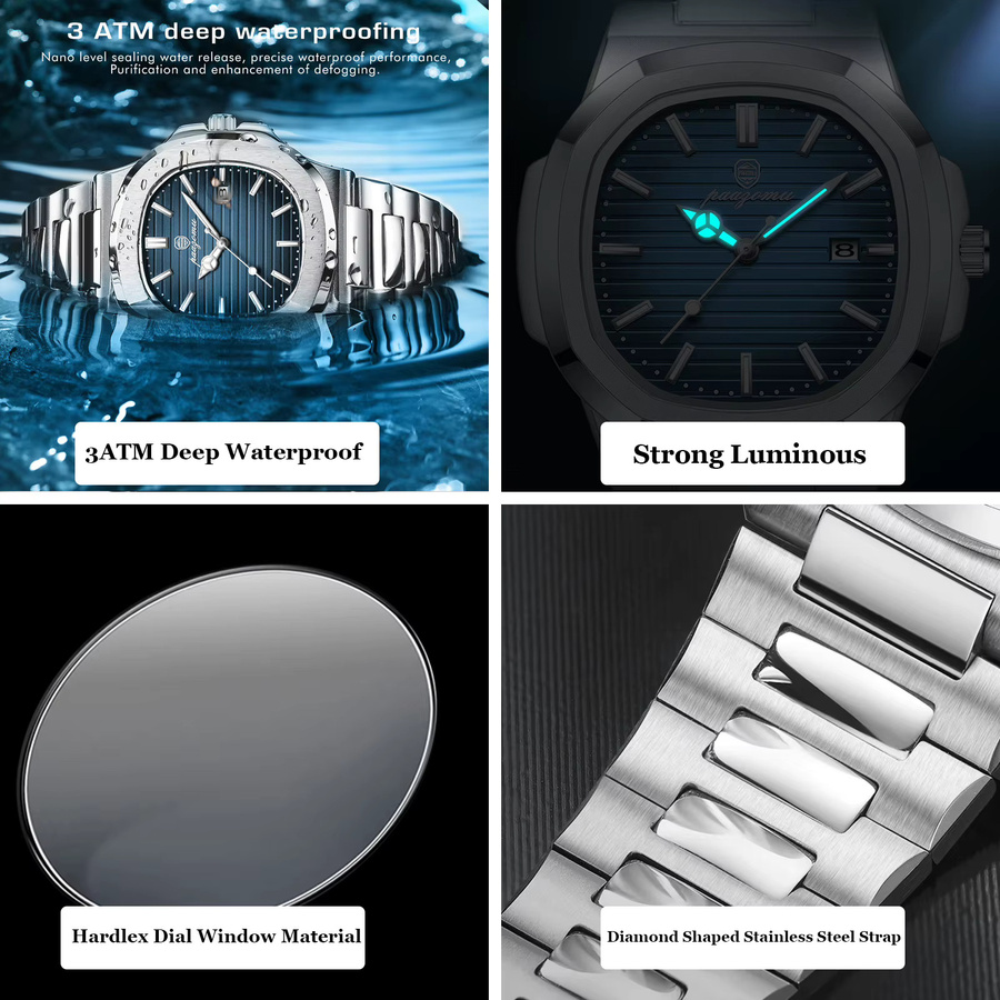 PAAZOMU Armbanduhr Quarz, Edelstahl, Eckig, Blau, Herren - Bild 5