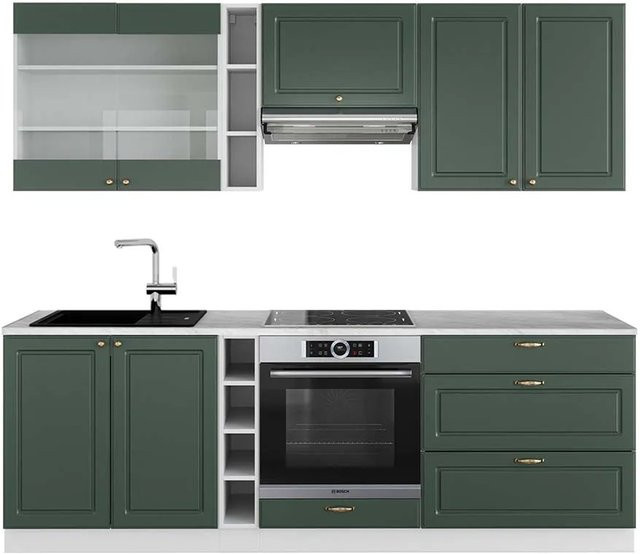 Vicco Fame-Line Küchenzeile im Landhausstil in Grün-Gold-Weiß mit Marmor-Optik, B: 235 cm, H: 82 cm, T: 60 cm - Bild 1