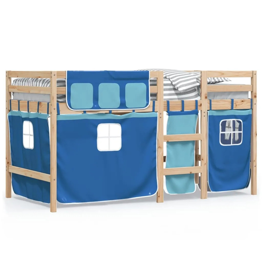 vidaXL Kinderhochbett aus massivem Kiefernholz mit Vorhängen in Blau, B/T/H: 90 x 190 x 160 cm (ca.) - Bild 2