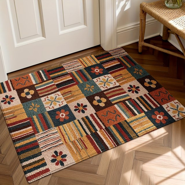 VIKAMA Vintage Bodenmatte mit Karomuster in Multicolour, rechteckiger Teppich für den Eingangsbereich, B/T: 60 x 40 cm - Bild 1
