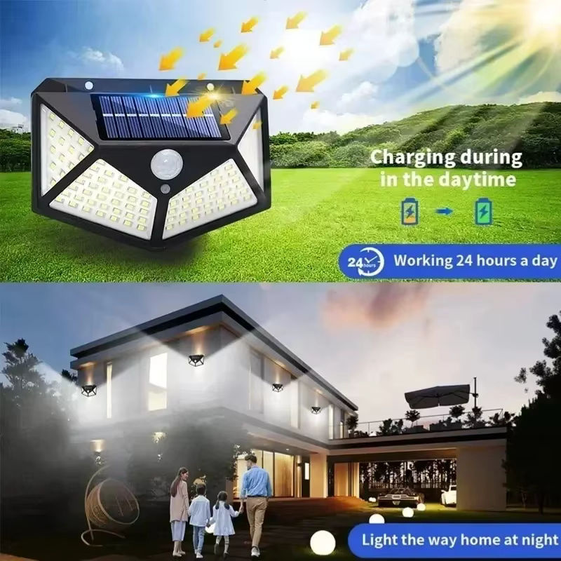 KDULIT Solar-LED-Wandleuchte mit 100 LEDs und Bewegungsmelder, wasserdichte Sicherheitsleuchte für Garten und Außenbereich, Schwarz - Bild 4