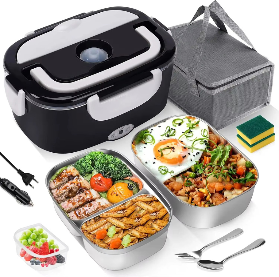 Tragbare elektrische Heiz-Lunchbox mit zwei Fächern für 12V/24V KFZ-Stecker, Bento-Reise-Speisenwärmer in Schwarz - Bild 6