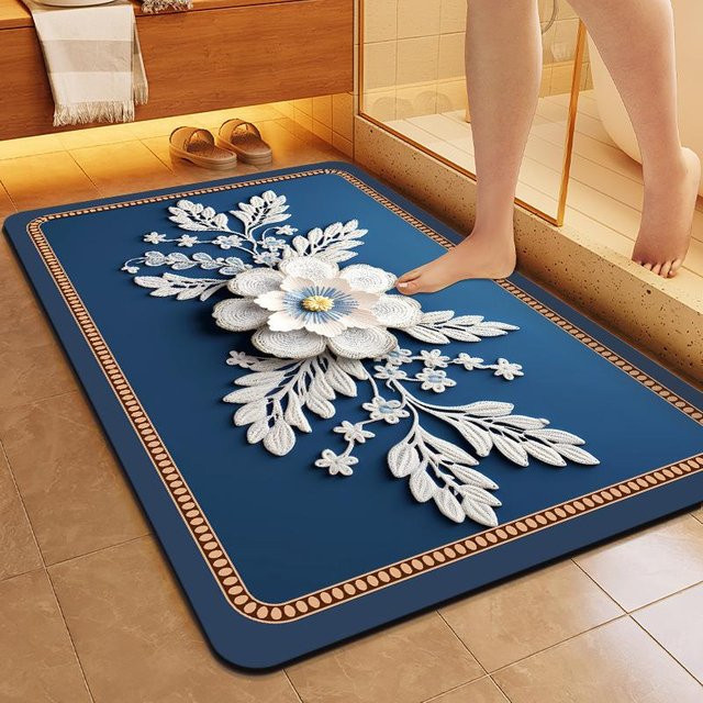 Yiran Furniture Kieselgur Fußmatte mit Blumenmuster in Blau, wasserabsorbierend und rutschfest, B/T: 80 x 50 cm - Bild 1