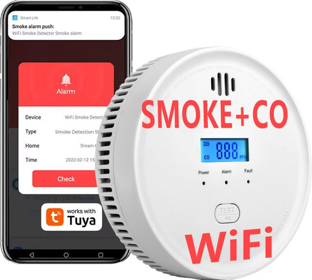 SMARSECUR WiFi-Rauch- und Kohlenmonoxidmelder mit App-Benachrichtigung und Batterie-Backup, Farbe: Weiß - Bild 1