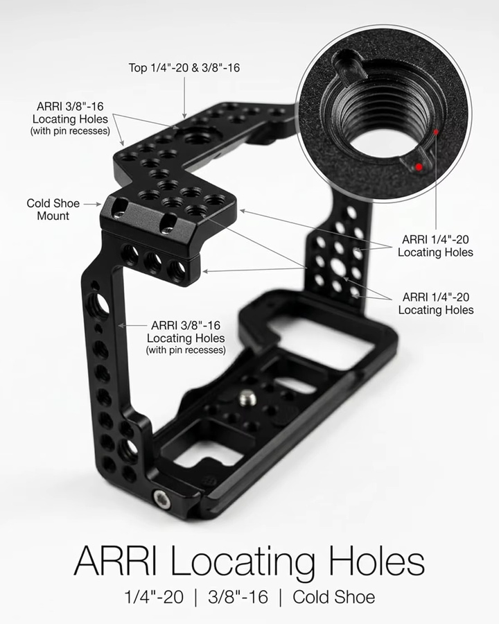 SOARSHOT Kamerakäfig für Sony A7S III, A7 IV, A1, A7R IV und A7R V aus CNC Aluminium in Schwarz mit 1/4 und 3/8 Gewinden sowie Cold Shoe und ARRI Anschluss - Bild 5