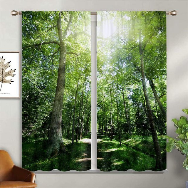 2er-Set dekorative Vorhänge mit natürlichem Landschafts-3D-Muster in Grün, halbtransparent, B: 50 cm, H: 140 cm - Bild 1