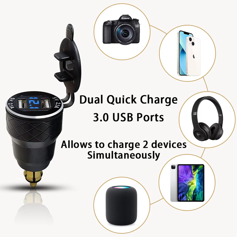 Motorrad USB-Ladegerät mit Voltmeter für BMW, Dual USB-A und USB-C QC3.0 Ladestation, DIN-Adapter-Steckdose in Schwarz, wasserdicht und Plug-and-Play - Bild 4