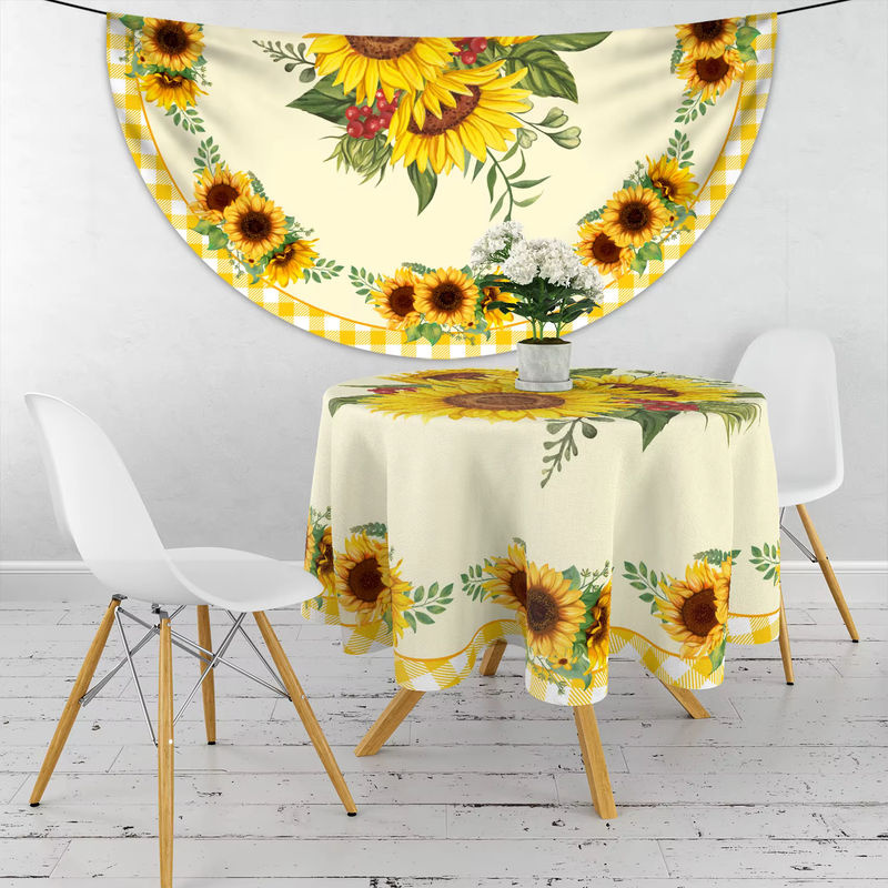 Wasserdichte runde Tischdecke aus Polyester mit Sonnenblumen-Ölgemälde-Design im böhmischen Stil, Durchmesser: 160 cm - Bild 2
