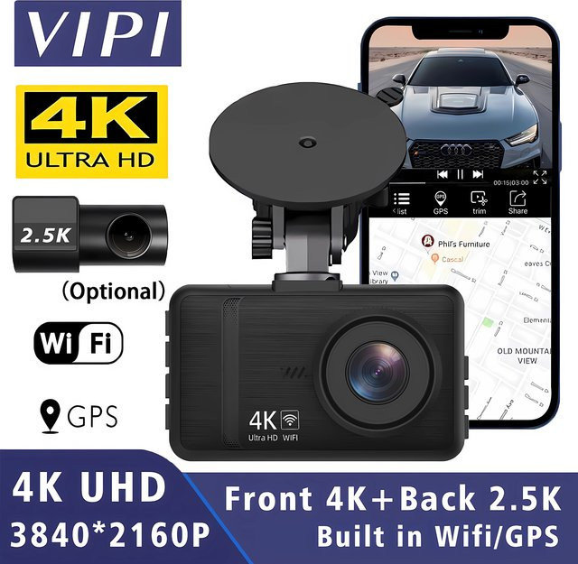 MYOLSD Dual Dash Cam mit 4K UHD Vorne und 2,5K Hinten, Mini Auto DVR mit WiFi und GPS, Schwarz - Bild 1