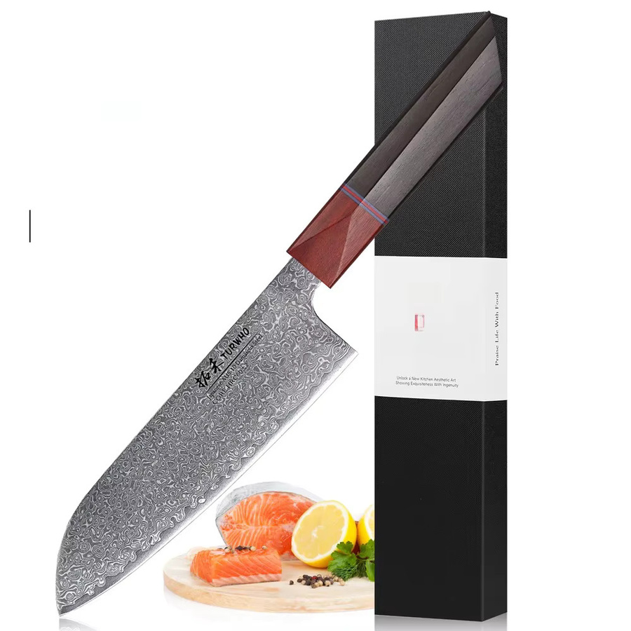 TURWHO Japanisches Santokusmesser aus Damaststahl, handgeschmiedetes Profi-Kochmesser mit Holzgriff, Klingenlänge: 17,78 cm - Bild 6