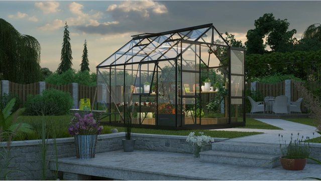 Vitavia Gewächshaus Jupiter 8300 in Schwarz mit ESG-Glas, vier Dachfenstern, Seitenfenstern, Doppelschiebetüren und Regenrinnen, B/T/H: 321 x 248 x 257 cm - Bild 1