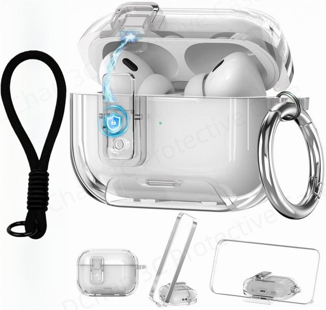 Transparente TPU-Schutzhülle für AirPods Pro 3 mit Lock-Phone-Ständer, magnetischer Verriegelung und Trageschlaufe - Bild 1