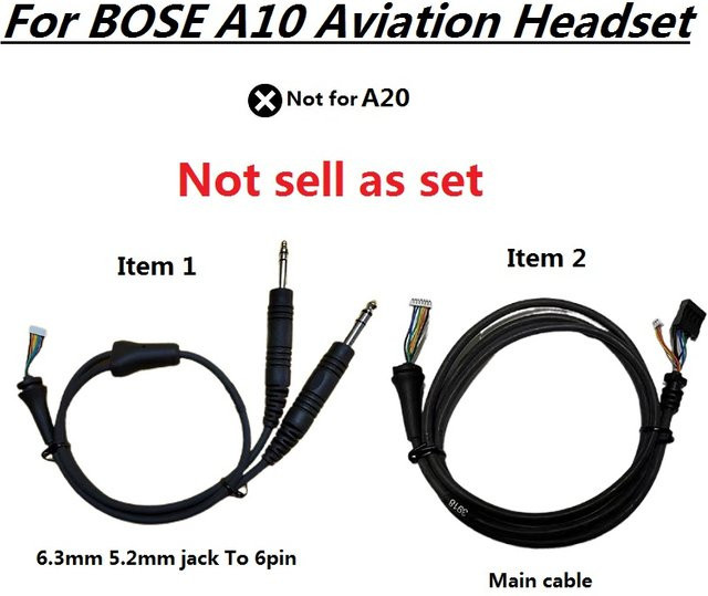 Bose Ersatz-Stereokabel für A10 Aviation Headset in Schwarz mit 6,3 mm und 5,2 mm Klinke auf 6-poliges Doppelstecker-Verbindungskabel - Bild 1