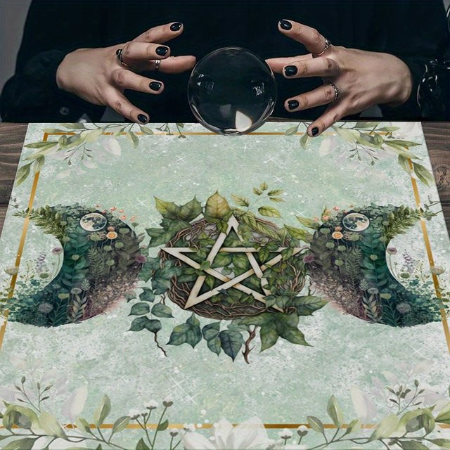 VIKAMA Tarotmatte mit grünem Blatt- und Mondmuster als langlebiges Altartuch und Heimdekoration - Bild 1