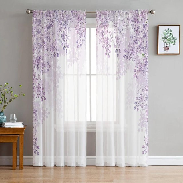 Yiran Furniture Transparentes Tüll-Fensterdekoration mit Glyzinienblüten-Design in Weiß, B: 135 cm, H: 160 cm - Bild 1