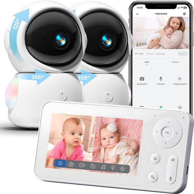 Zysecurity WiFi-Babyphone mit zwei 2K 3MP PTZ-Kameras, App-Steuerung und 4,3 Zoll IPS-Bildschirm in Weiß - Bild 1