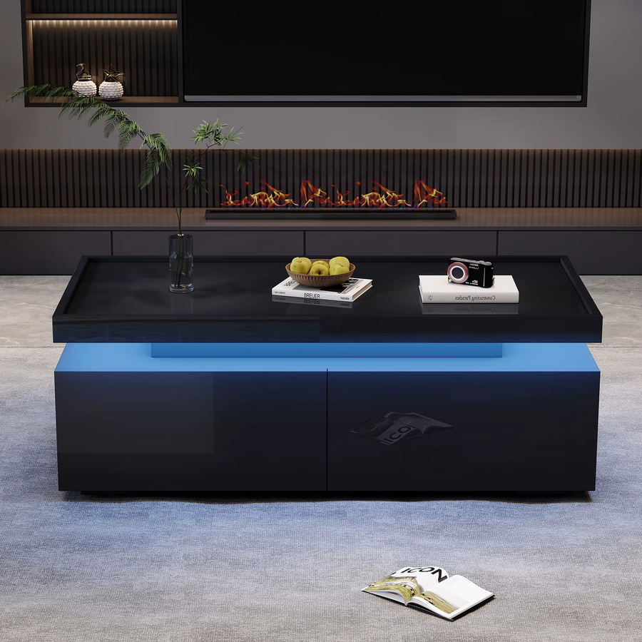 Svintora Moderner Hochglanz-Couchtisch in Schwarz mit LED-Beleuchtung und 2 Schubladen - Bild 2