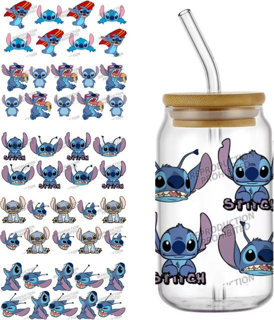 Funko Stitch UV DTF 3D Aufkleber Folien für Glasbehälter, Mehrfarbig, DIY Bastelset für 16oz Gläser - Bild 1
