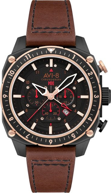 AVI-8 Chronograph, Herren, Edelstahl, Quarz, 43 mm, Leder, Schwarz, 5 ATM - Bild 1