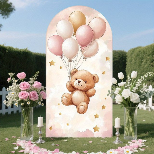 VIKAMA 2D-Hintergrund mit flachem Ballonbogen im rosa und goldenen Teddybär-Design für Babypartys und Geburtstage - Bild 1