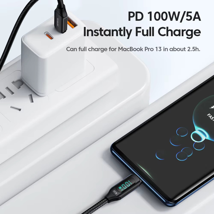 Toocki PD100W USB-C auf USB-C Schnellladekabel mit Digitalanzeige in Schwarz für iPhone 16 15, MacBook und iPad - Bild 3